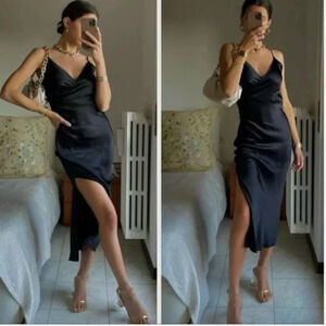 Zara Silky Satin Effect Surplus Midi Dress Black Blogger Fav  Sz Small